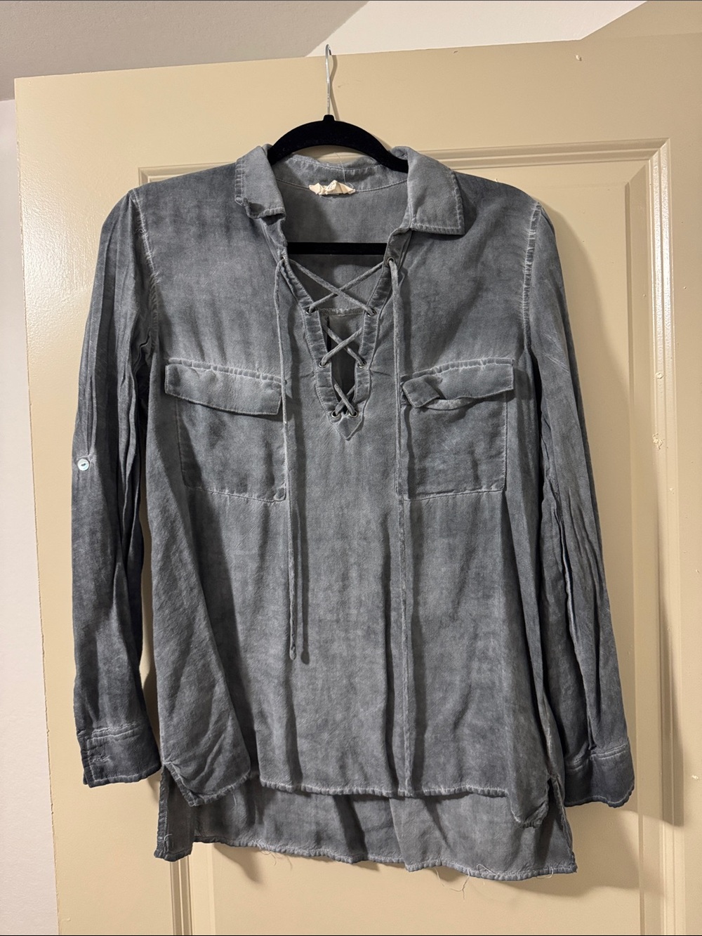 entro Washed Gray Lace-Up Long Sleeve Top